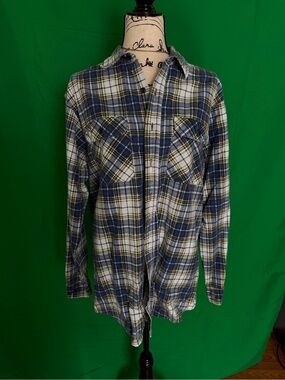 Men’s David Taylor Blue, Tall White and Yellow Plaid Flannel Button-Down Shirt